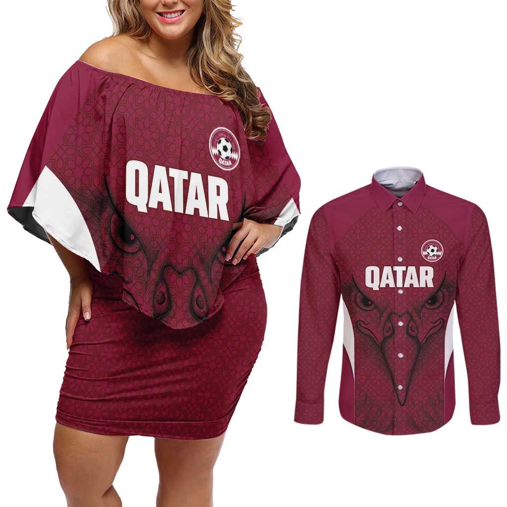 Custom Qatar Football Couples Matching Off Shoulder Short Dress and Long Sleeve Button Shirt Maroon Falcon Spirit Red Version - Wonder Print Shop