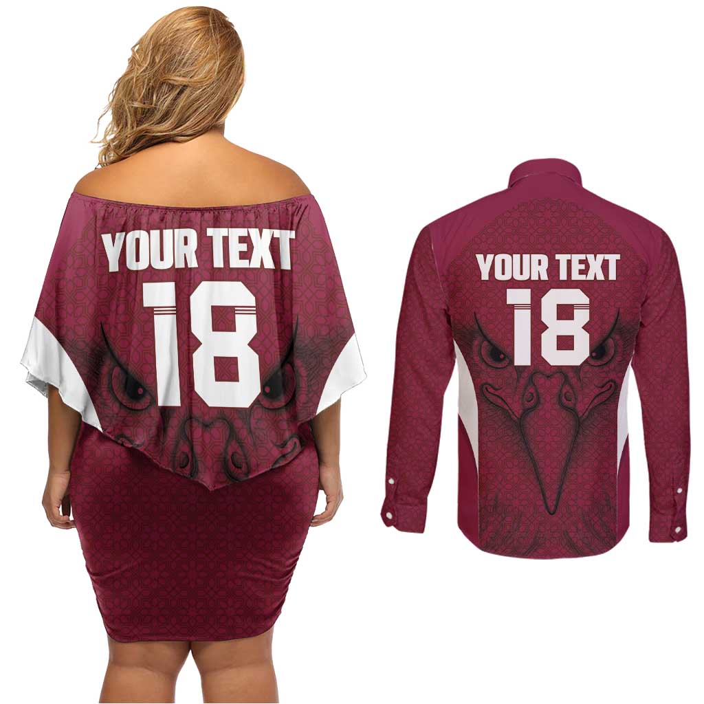 Custom Qatar Football Couples Matching Off Shoulder Short Dress and Long Sleeve Button Shirt Maroon Falcon Spirit Red Version - Wonder Print Shop