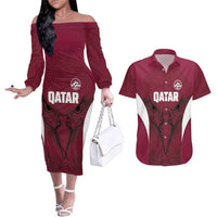 Custom Qatar Football Couples Matching Off The Shoulder Long Sleeve Dress and Hawaiian Shirt Maroon Falcon Spirit Red Version - Wonder Print Shop