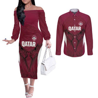 Custom Qatar Football Couples Matching Off The Shoulder Long Sleeve Dress and Long Sleeve Button Shirt Maroon Falcon Spirit Red Version - Wonder Print Shop