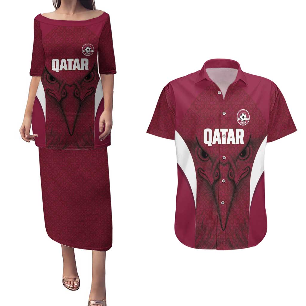 Custom Qatar Football Couples Matching Puletasi and Hawaiian Shirt Maroon Falcon Spirit Red Version - Wonder Print Shop