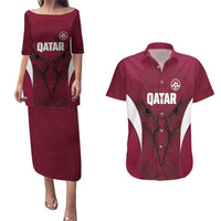Custom Qatar Football Couples Matching Puletasi and Hawaiian Shirt Maroon Falcon Spirit Red Version - Wonder Print Shop