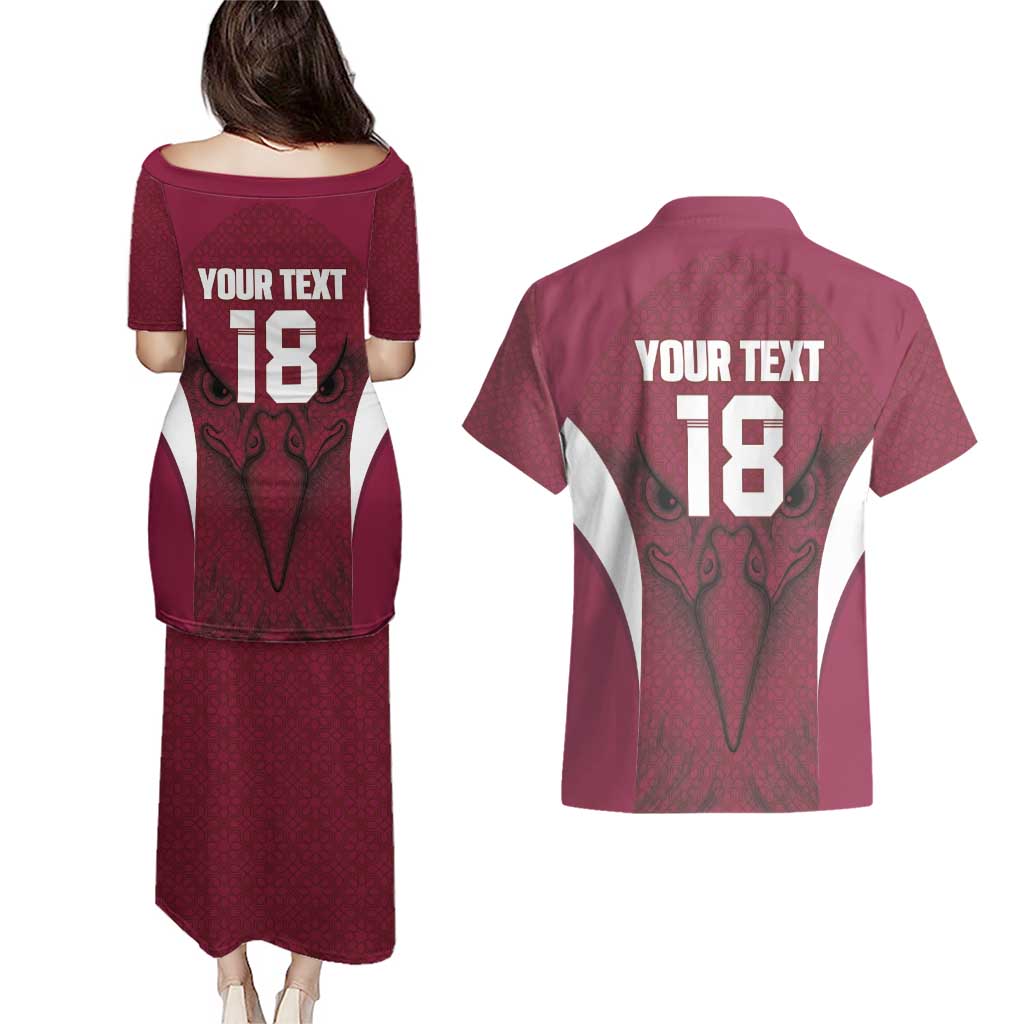Custom Qatar Football Couples Matching Puletasi and Hawaiian Shirt Maroon Falcon Spirit Red Version - Wonder Print Shop