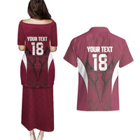 Custom Qatar Football Couples Matching Puletasi and Hawaiian Shirt Maroon Falcon Spirit Red Version - Wonder Print Shop