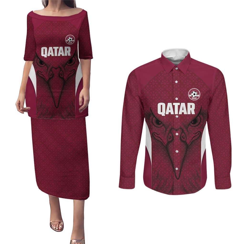 Custom Qatar Football Couples Matching Puletasi and Long Sleeve Button Shirt Maroon Falcon Spirit Red Version - Wonder Print Shop