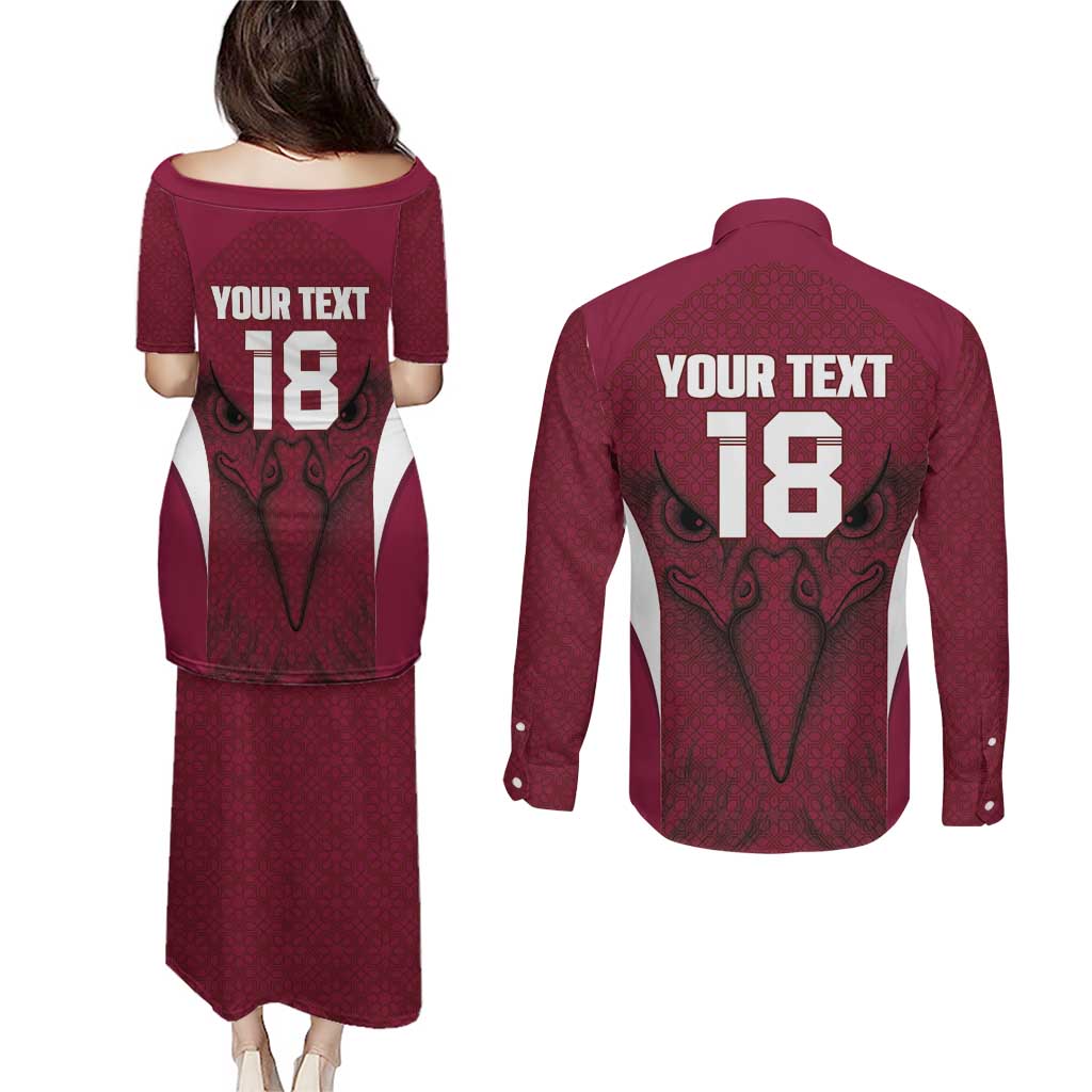 Custom Qatar Football Couples Matching Puletasi and Long Sleeve Button Shirt Maroon Falcon Spirit Red Version - Wonder Print Shop