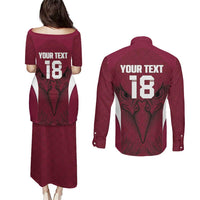Custom Qatar Football Couples Matching Puletasi and Long Sleeve Button Shirt Maroon Falcon Spirit Red Version - Wonder Print Shop
