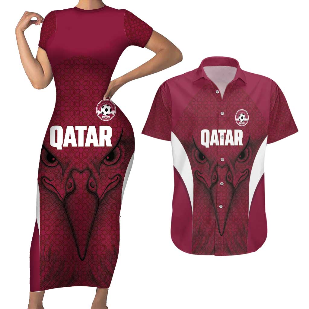 Custom Qatar Football Couples Matching Short Sleeve Bodycon Dress and Hawaiian Shirt Maroon Falcon Spirit Red Version - Wonder Print Shop