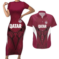 Custom Qatar Football Couples Matching Short Sleeve Bodycon Dress and Hawaiian Shirt Maroon Falcon Spirit Red Version - Wonder Print Shop