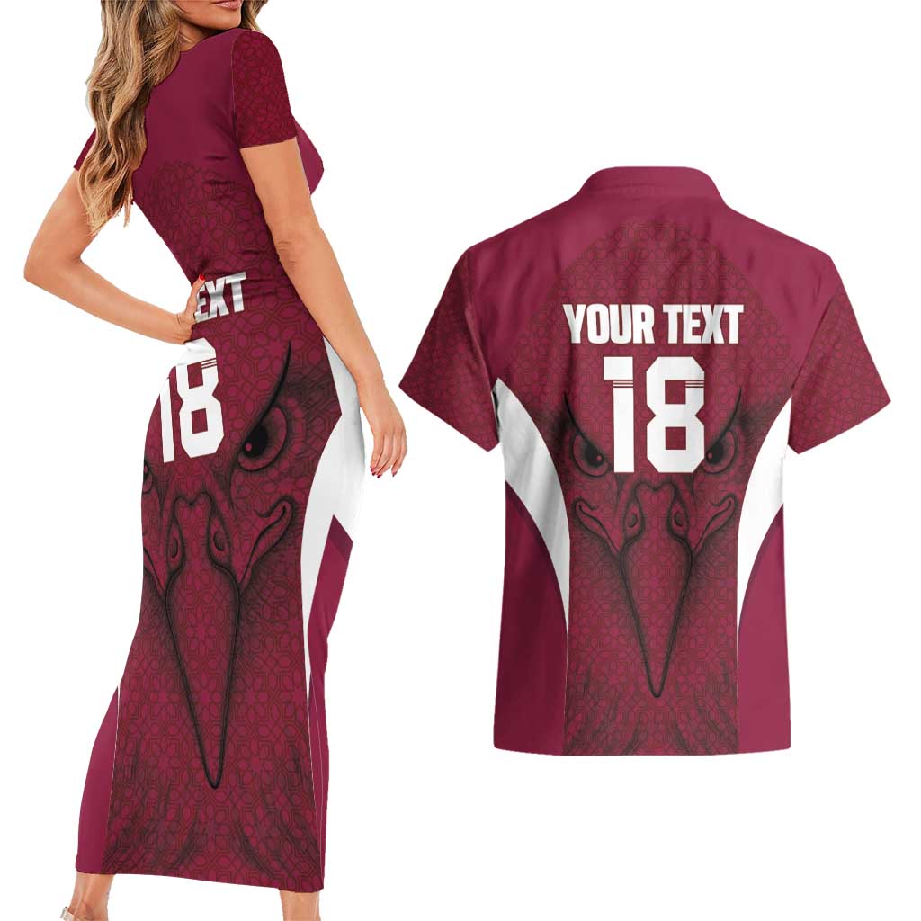 Custom Qatar Football Couples Matching Short Sleeve Bodycon Dress and Hawaiian Shirt Maroon Falcon Spirit Red Version - Wonder Print Shop
