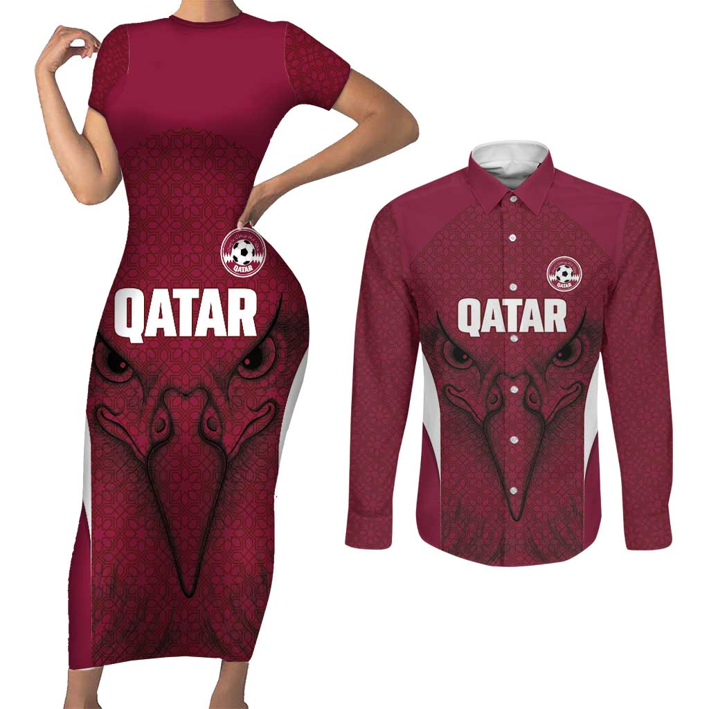 Custom Qatar Football Couples Matching Short Sleeve Bodycon Dress and Long Sleeve Button Shirt Maroon Falcon Spirit Red Version - Wonder Print Shop