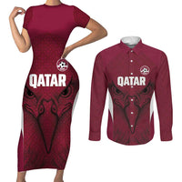 Custom Qatar Football Couples Matching Short Sleeve Bodycon Dress and Long Sleeve Button Shirt Maroon Falcon Spirit Red Version - Wonder Print Shop