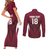 Custom Qatar Football Couples Matching Short Sleeve Bodycon Dress and Long Sleeve Button Shirt Maroon Falcon Spirit Red Version - Wonder Print Shop