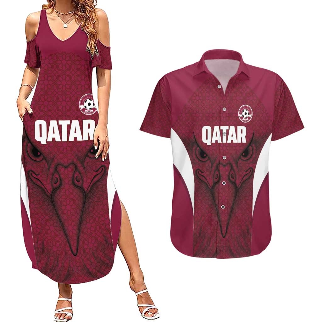 Custom Qatar Football Couples Matching Summer Maxi Dress and Hawaiian Shirt Maroon Falcon Spirit Red Version - Wonder Print Shop