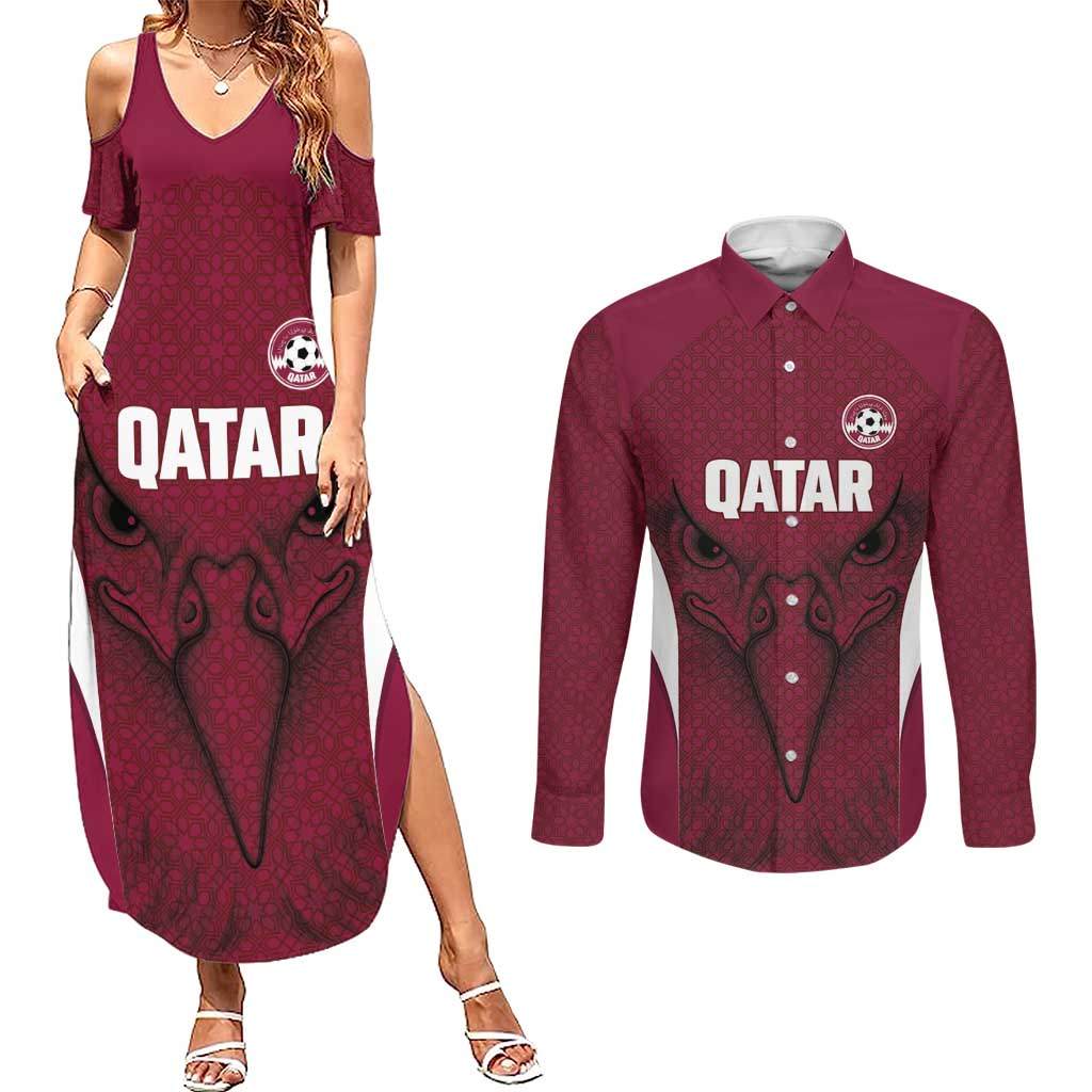 Custom Qatar Football Couples Matching Summer Maxi Dress and Long Sleeve Button Shirt Maroon Falcon Spirit Red Version - Wonder Print Shop