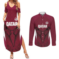 Custom Qatar Football Couples Matching Summer Maxi Dress and Long Sleeve Button Shirt Maroon Falcon Spirit Red Version - Wonder Print Shop