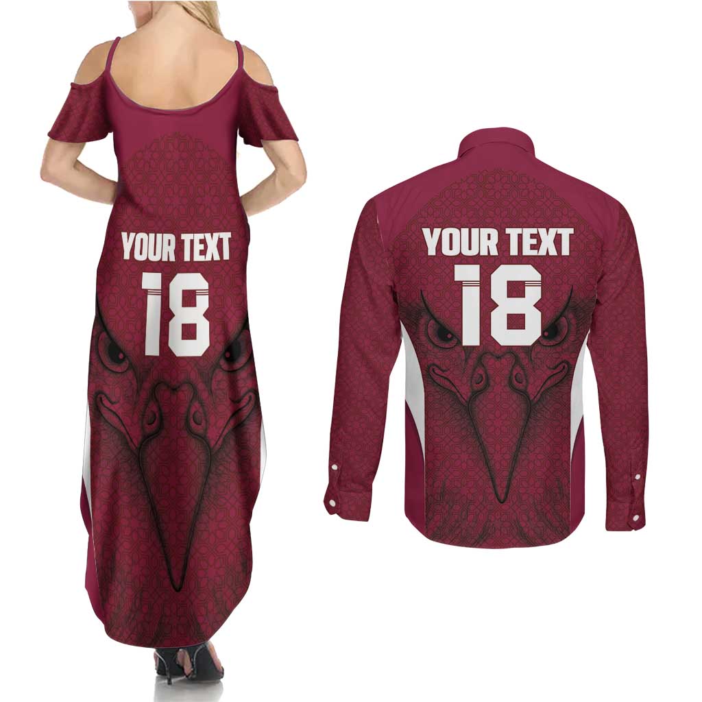 Custom Qatar Football Couples Matching Summer Maxi Dress and Long Sleeve Button Shirt Maroon Falcon Spirit Red Version - Wonder Print Shop