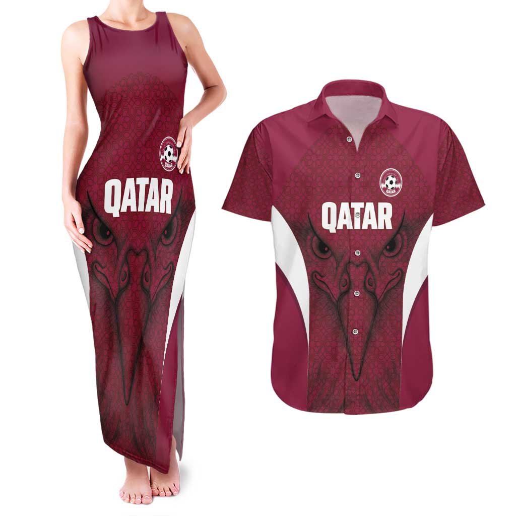 Custom Qatar Football Couples Matching Tank Maxi Dress and Hawaiian Shirt Maroon Falcon Spirit Red Version - Wonder Print Shop