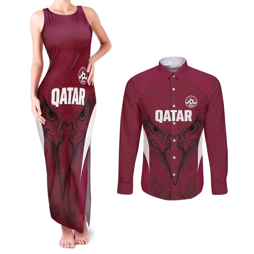 Custom Qatar Football Couples Matching Tank Maxi Dress and Long Sleeve Button Shirt Maroon Falcon Spirit Red Version - Wonder Print Shop