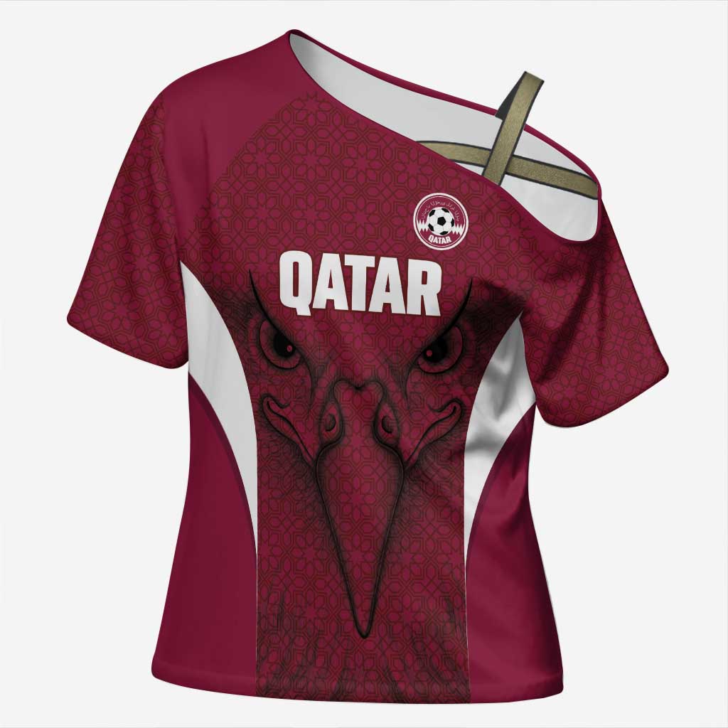 Custom Qatar Football Cross Shoulder Shirt Maroon Falcon Spirit Red Version - Wonder Print Shop