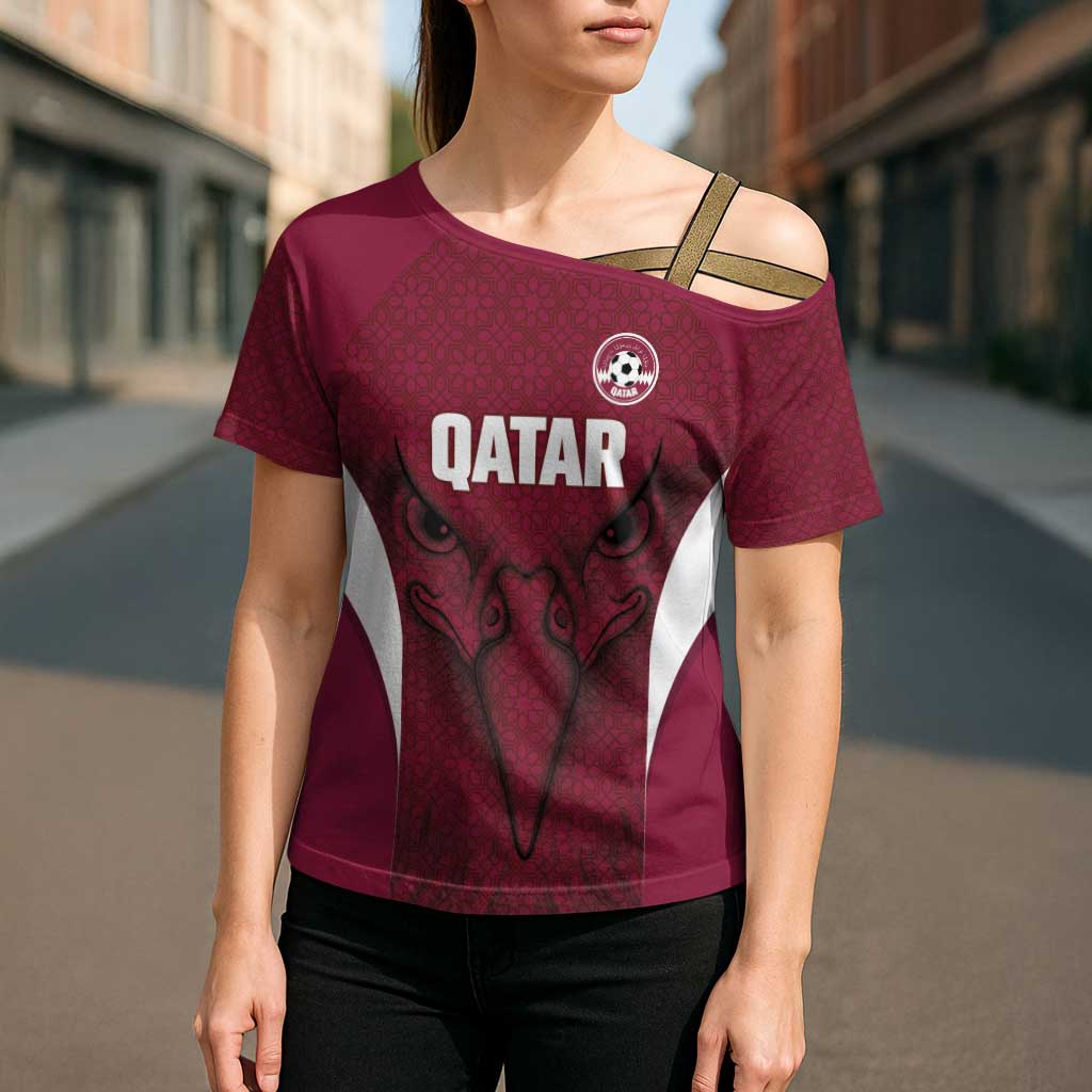 Custom Qatar Football Cross Shoulder Shirt Maroon Falcon Spirit Red Version - Wonder Print Shop