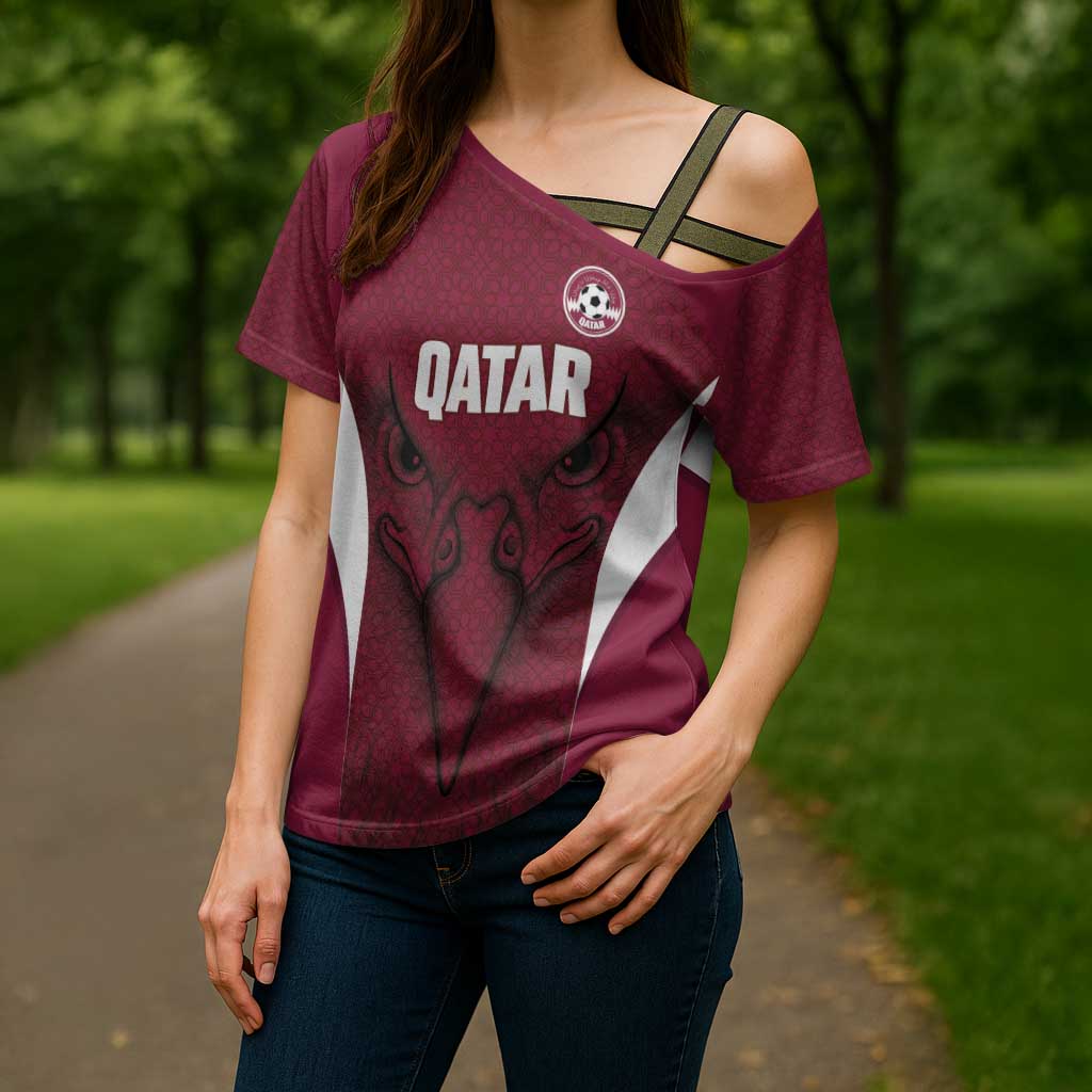 Custom Qatar Football Cross Shoulder Shirt Maroon Falcon Spirit Red Version - Wonder Print Shop
