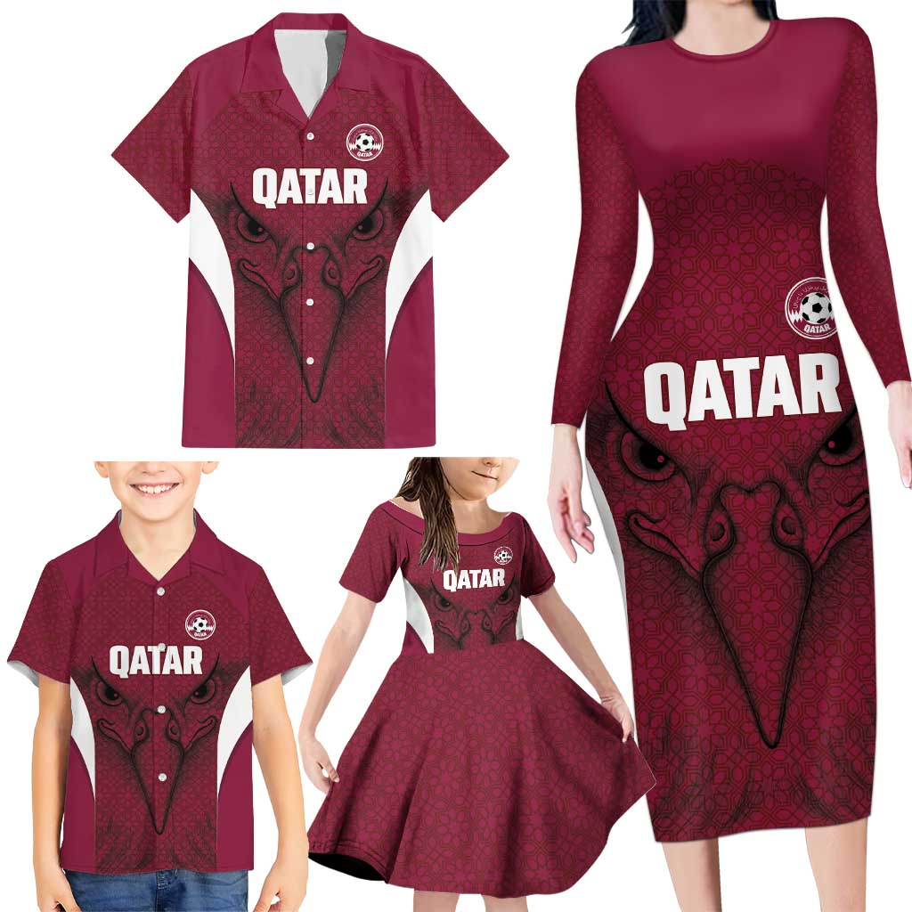 Custom Qatar Football Family Matching Long Sleeve Bodycon Dress and Hawaiian Shirt Maroon Falcon Spirit Red Version - Wonder Print Shop