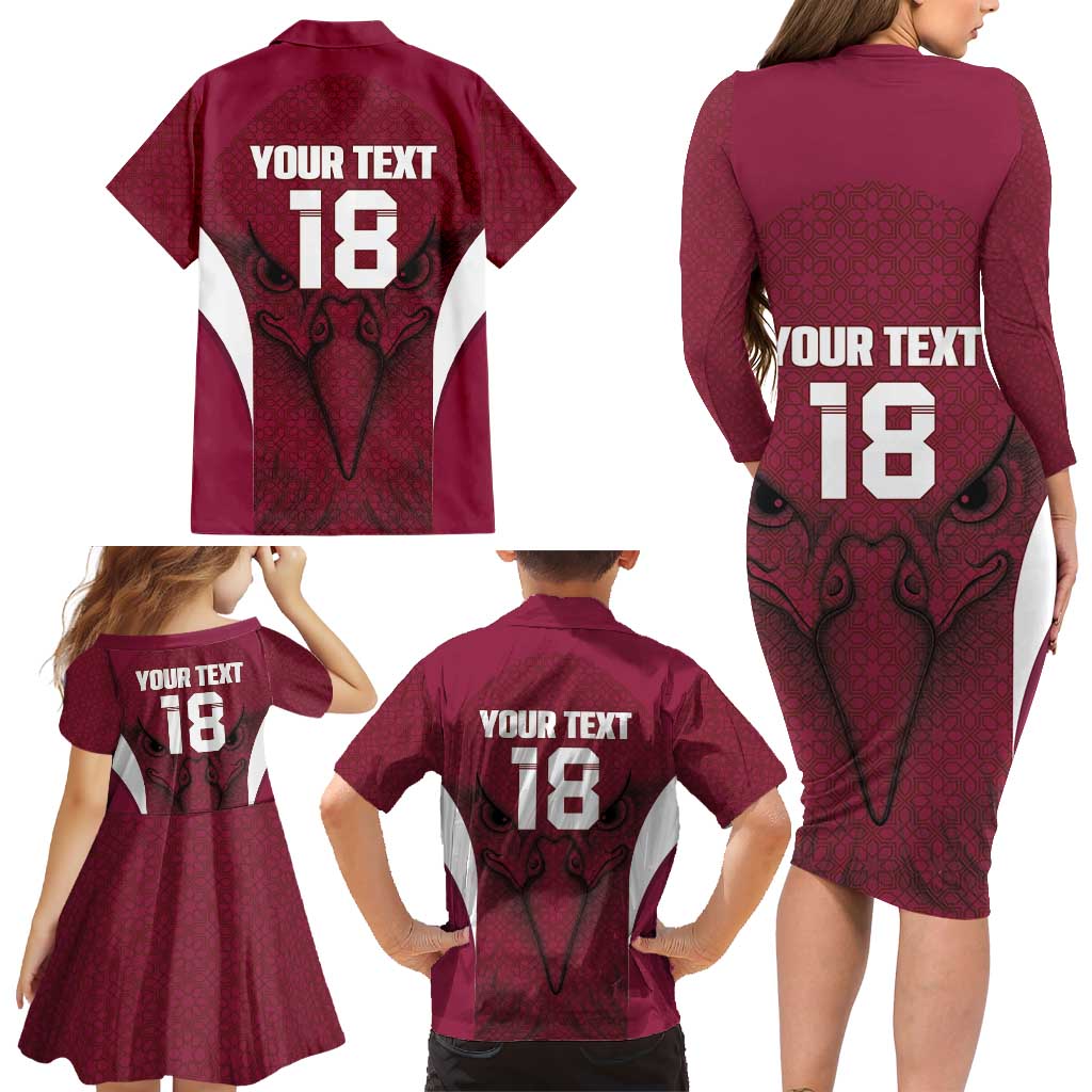Custom Qatar Football Family Matching Long Sleeve Bodycon Dress and Hawaiian Shirt Maroon Falcon Spirit Red Version - Wonder Print Shop