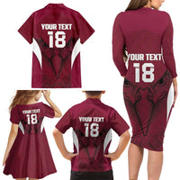 Custom Qatar Football Family Matching Long Sleeve Bodycon Dress and Hawaiian Shirt Maroon Falcon Spirit Red Version - Wonder Print Shop