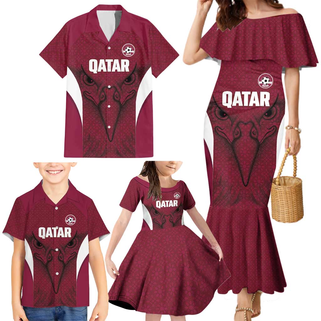 Custom Qatar Football Family Matching Mermaid Dress and Hawaiian Shirt Maroon Falcon Spirit Red Version - Wonder Print Shop