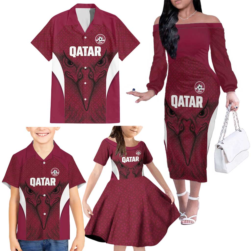 Custom Qatar Football Family Matching Off The Shoulder Long Sleeve Dress and Hawaiian Shirt Maroon Falcon Spirit Red Version - Wonder Print Shop