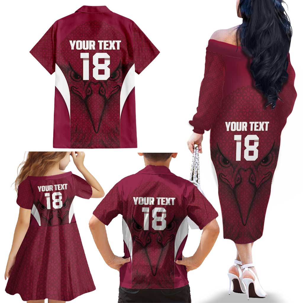 Custom Qatar Football Family Matching Off The Shoulder Long Sleeve Dress and Hawaiian Shirt Maroon Falcon Spirit Red Version - Wonder Print Shop