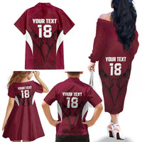Custom Qatar Football Family Matching Off The Shoulder Long Sleeve Dress and Hawaiian Shirt Maroon Falcon Spirit Red Version - Wonder Print Shop