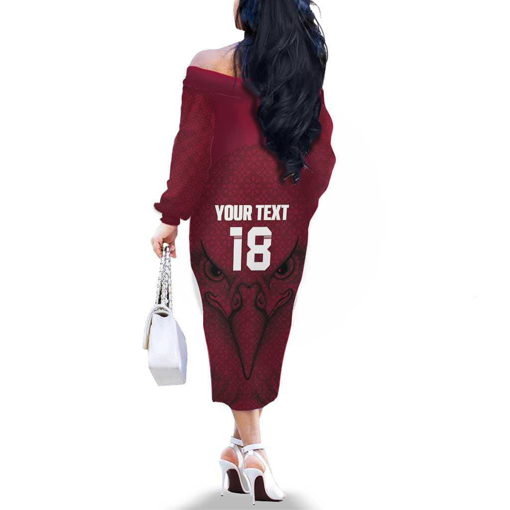 Custom Qatar Football Family Matching Off The Shoulder Long Sleeve Dress and Hawaiian Shirt Maroon Falcon Spirit Red Version - Wonder Print Shop