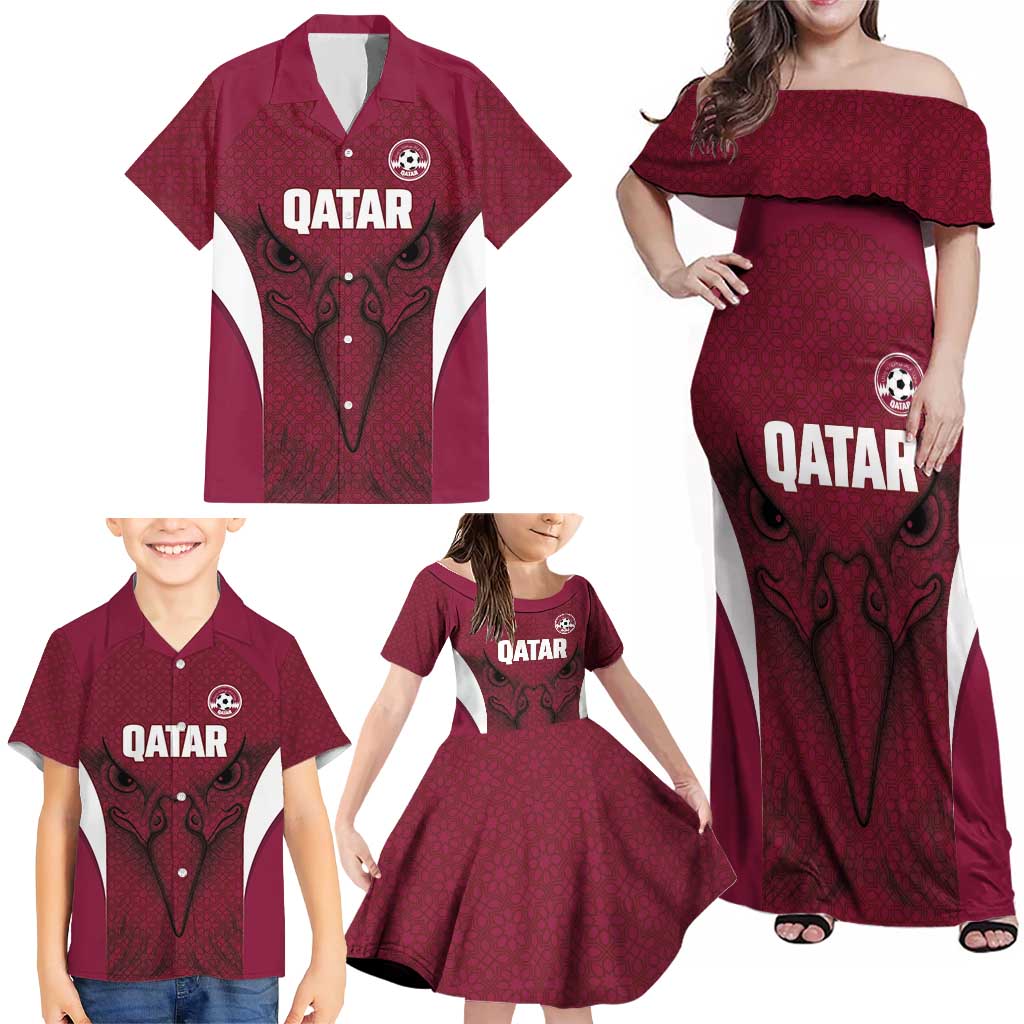 Custom Qatar Football Family Matching Off Shoulder Maxi Dress and Hawaiian Shirt Maroon Falcon Spirit Red Version - Wonder Print Shop