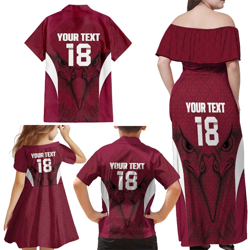 Custom Qatar Football Family Matching Off Shoulder Maxi Dress and Hawaiian Shirt Maroon Falcon Spirit Red Version - Wonder Print Shop