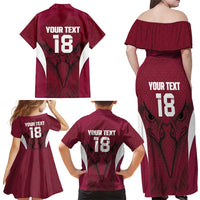 Custom Qatar Football Family Matching Off Shoulder Maxi Dress and Hawaiian Shirt Maroon Falcon Spirit Red Version - Wonder Print Shop