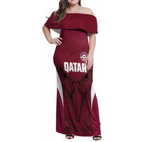 Custom Qatar Football Family Matching Off Shoulder Maxi Dress and Hawaiian Shirt Maroon Falcon Spirit Red Version - Wonder Print Shop