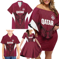 Custom Qatar Football Family Matching Off Shoulder Short Dress and Hawaiian Shirt Maroon Falcon Spirit Red Version - Wonder Print Shop