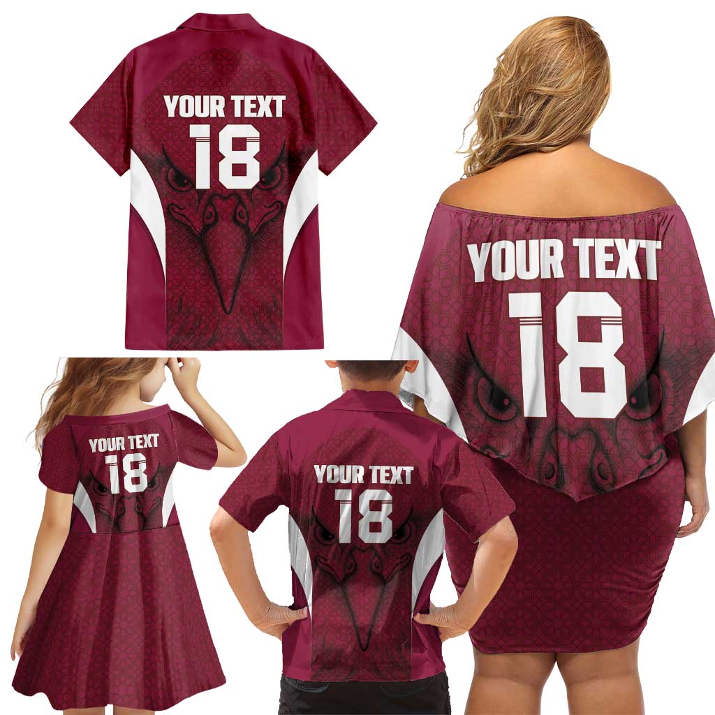 Custom Qatar Football Family Matching Off Shoulder Short Dress and Hawaiian Shirt Maroon Falcon Spirit Red Version - Wonder Print Shop