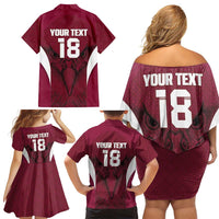 Custom Qatar Football Family Matching Off Shoulder Short Dress and Hawaiian Shirt Maroon Falcon Spirit Red Version - Wonder Print Shop