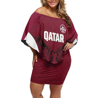 Custom Qatar Football Family Matching Off Shoulder Short Dress and Hawaiian Shirt Maroon Falcon Spirit Red Version - Wonder Print Shop