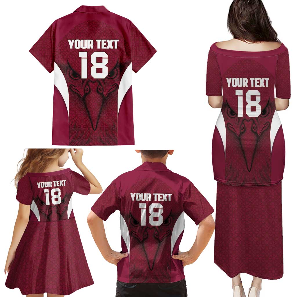 Custom Qatar Football Family Matching Puletasi and Hawaiian Shirt Maroon Falcon Spirit Red Version - Wonder Print Shop