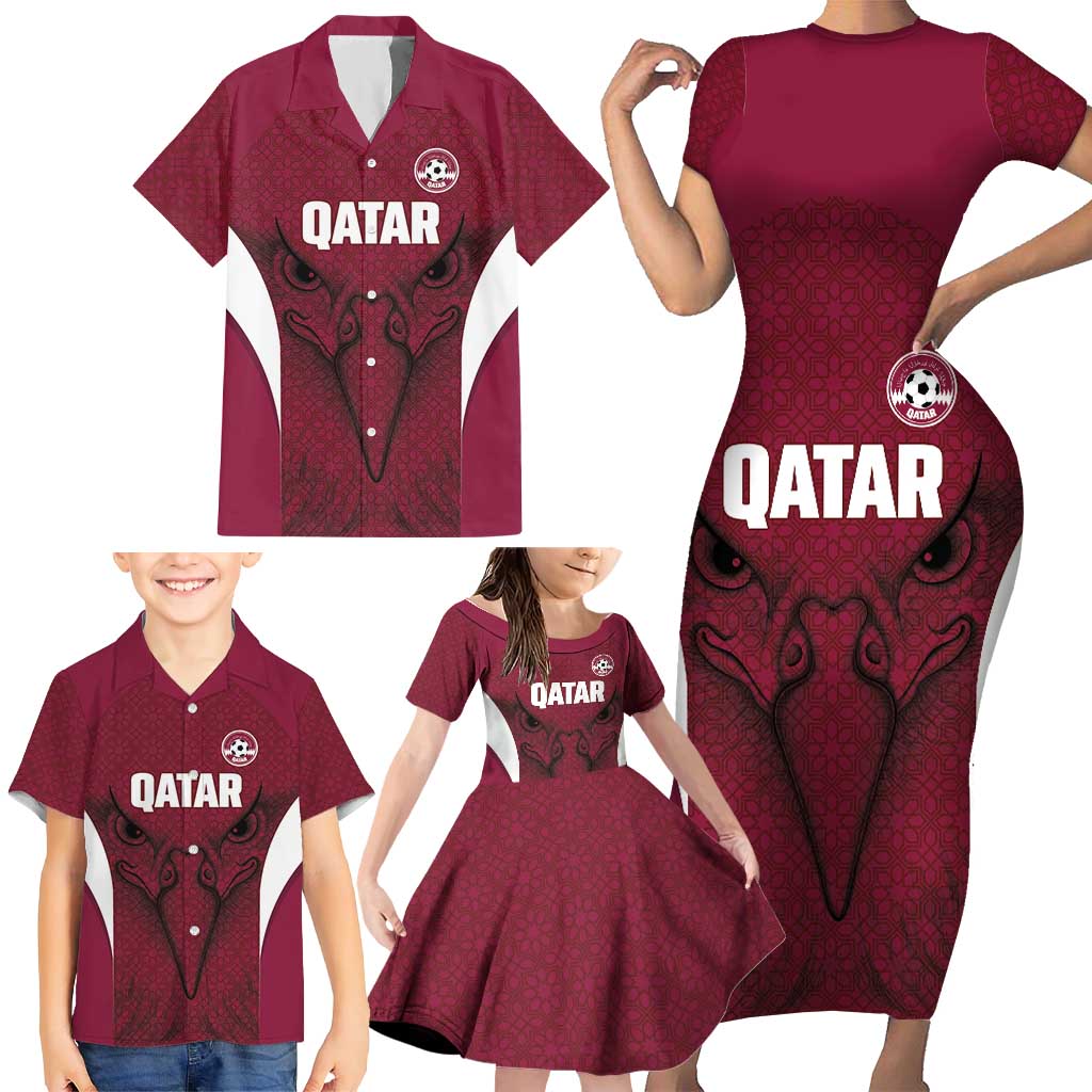 Custom Qatar Football Family Matching Short Sleeve Bodycon Dress and Hawaiian Shirt Maroon Falcon Spirit Red Version - Wonder Print Shop