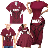 Custom Qatar Football Family Matching Short Sleeve Bodycon Dress and Hawaiian Shirt Maroon Falcon Spirit Red Version - Wonder Print Shop