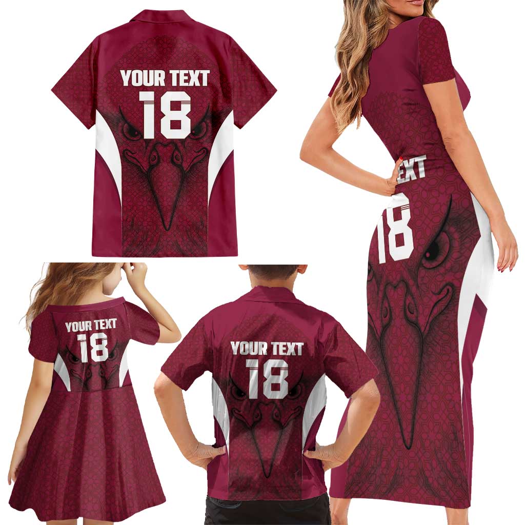 Custom Qatar Football Family Matching Short Sleeve Bodycon Dress and Hawaiian Shirt Maroon Falcon Spirit Red Version - Wonder Print Shop