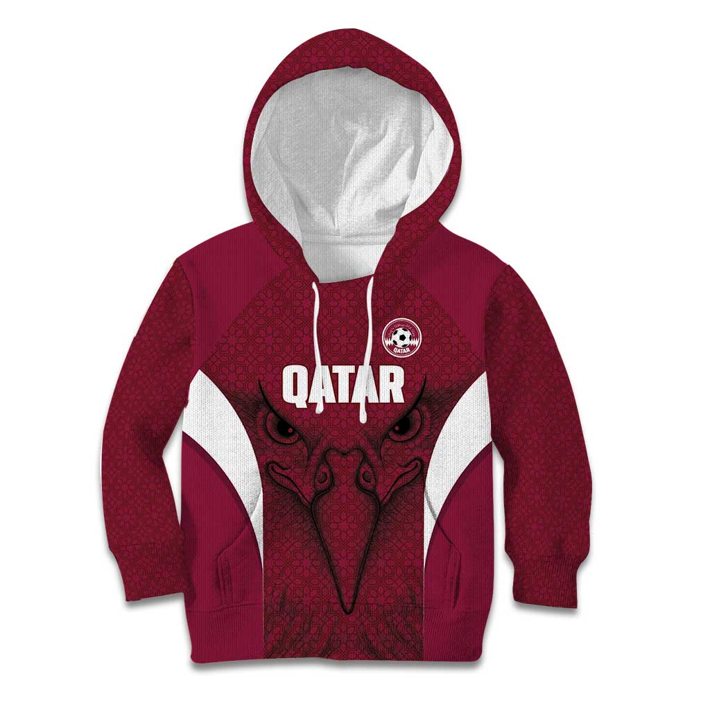 Custom Qatar Football Kid Hoodie Maroon Falcon Spirit Red Version - Wonder Print Shop