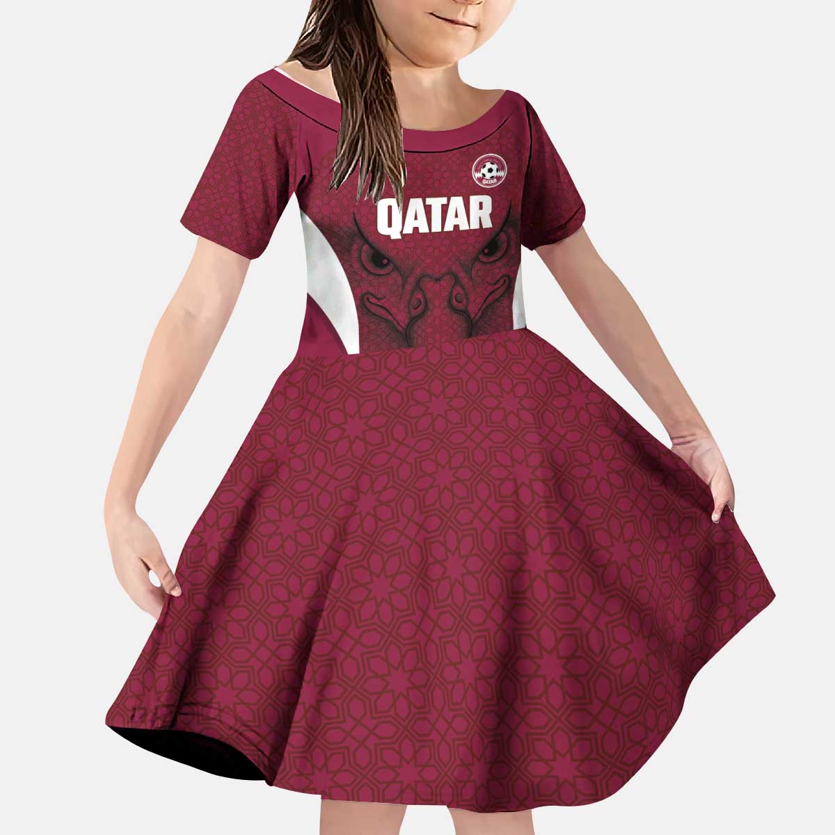 Custom Qatar Football Kid Short Sleeve Dress Maroon Falcon Spirit Red Version - Wonder Print Shop