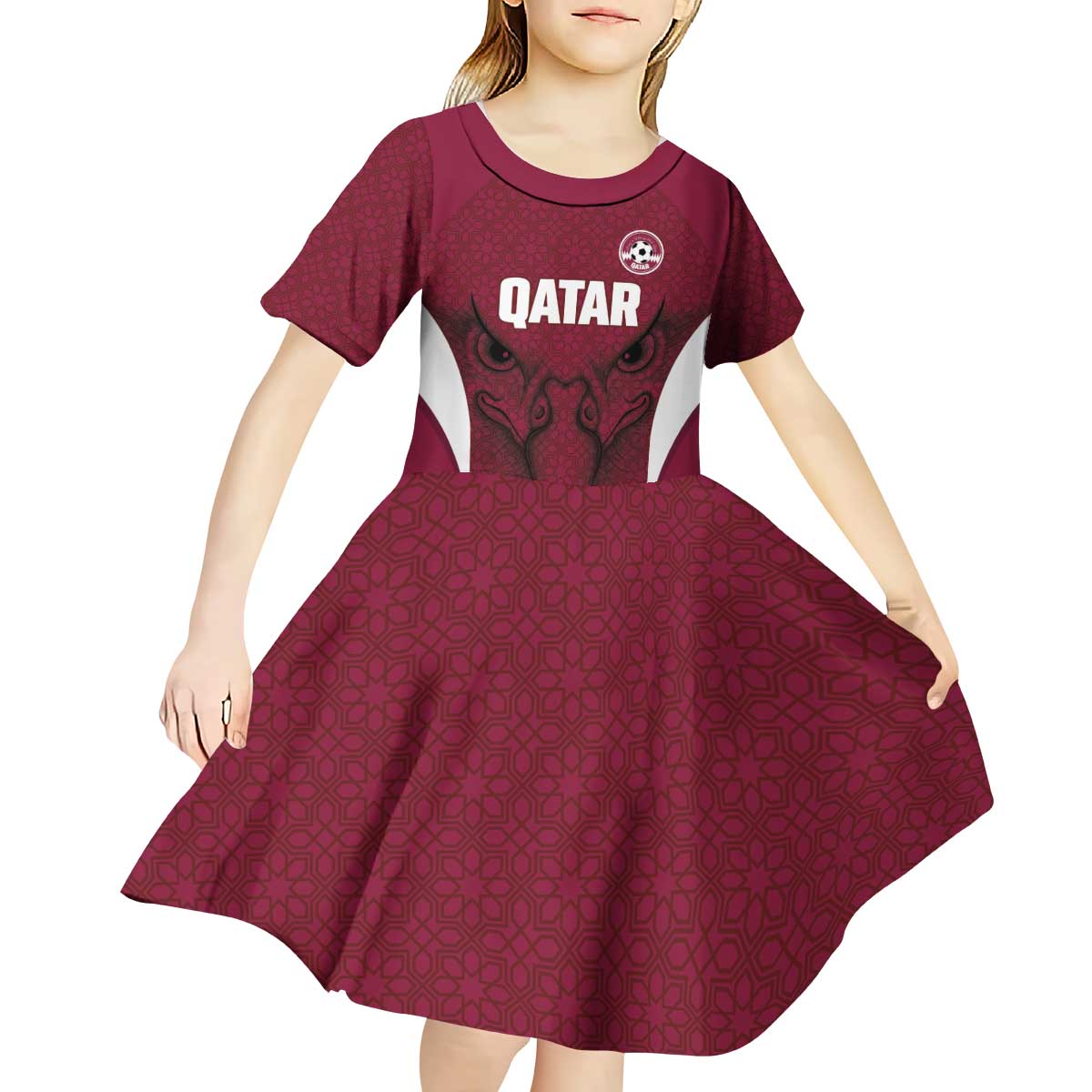 Custom Qatar Football Kid Short Sleeve Dress Maroon Falcon Spirit Red Version - Wonder Print Shop