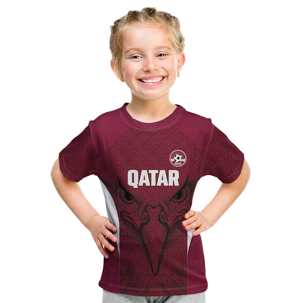 Custom Qatar Football Kid T Shirt Maroon Falcon Spirit Red Version - Wonder Print Shop